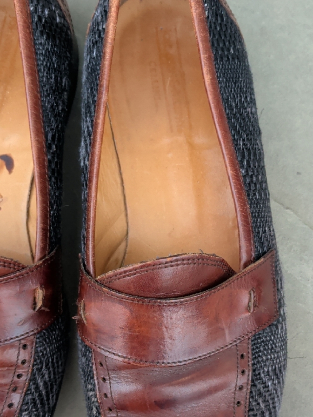 Johnston&Murphy/Made In Italy Men's Brown Leather & Charcoal Woven Penny Loafers - Picture 6 of 14